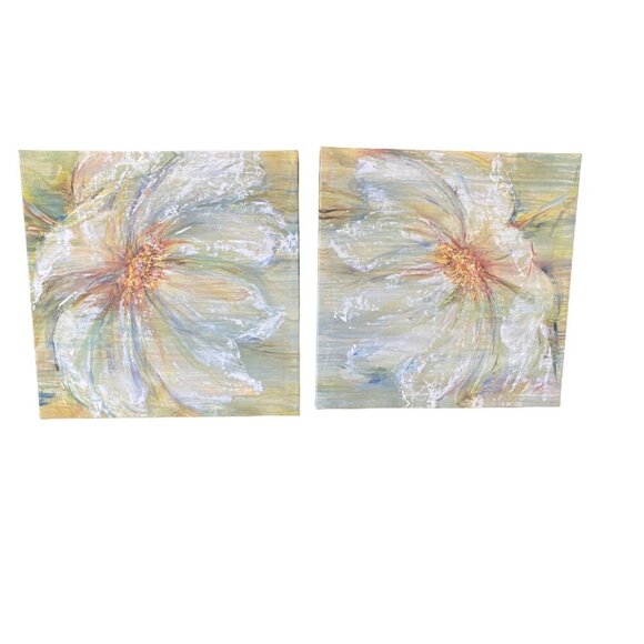 Set Of 2 Abstract Floral Canvas Paintings 16" Square Pastel Hues & Textured - Picture 1 of 10
